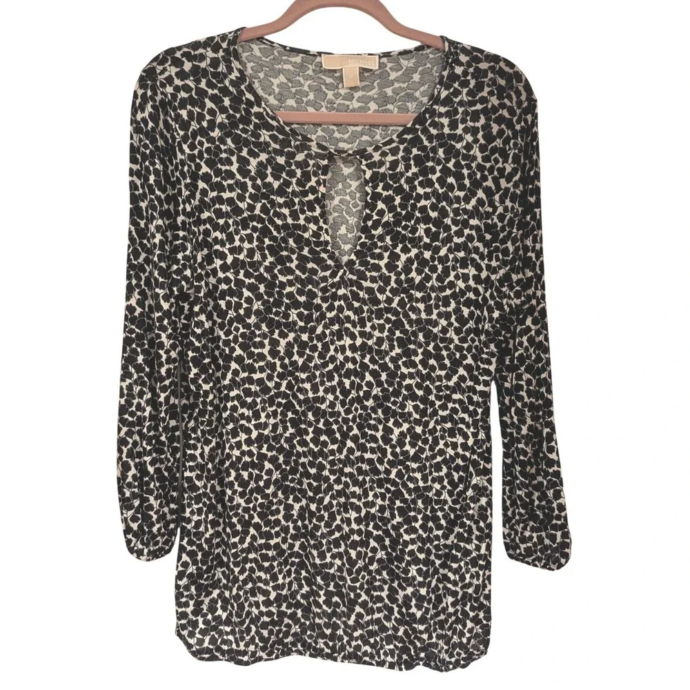 Michael Kors Blouse Medium Black White Abstract Keyhole 3/4 Sleeve Workwear Top